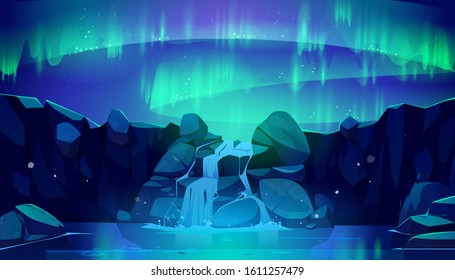 Aurora borealis in night sky and waterfall. Vector cartoon illustration of northen lights, starry space and falling stream of mountain river in rocks. Winter nordic landscape