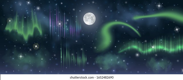 Aurora borealis on the night sky with Moon, stars and Milky Way. Realistic vector set of the different northern light effects on the open space background.