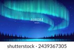 The aurora borealis over the lake. Bright glow in the night sky. Realistic view of the northern lights reflected in the water. Vector illustration.