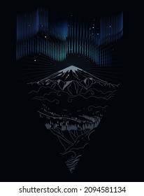Aurora borealis over the volcano. Vector hand drawn illustration