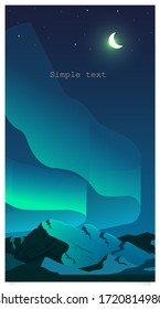 Aurora borealis phenomenon flat color vector background with text space. Northern lights in sky and snowy mountain social media stories mockup. Night winter landscape web banner template