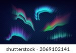 Aurora borealis polar lights set. Glowing in sky different shapes and color northern lights, aurorae natural phenomenon in atmosphere 3d realistic. Vector illustration