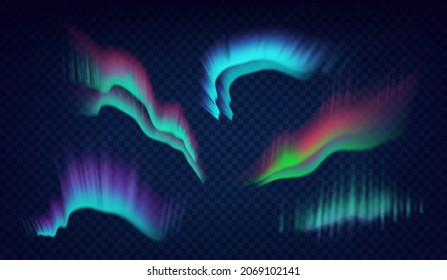 Aurora borealis polar lights set. Glowing in sky different shapes and color northern lights, aurorae natural phenomenon in atmosphere 3d realistic. Vector illustration