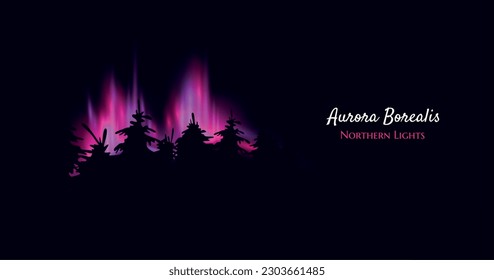 Aurora borealis realistic vector illustration of purple northern lights highlighting silhouettes of coniferous trees