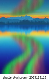 Aurora borealis reflected in the sea, winter holiday illustration