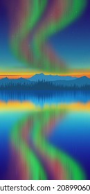 Aurora borealis reflected in the sea, winter holiday illustration, vertical banner