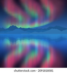 Aurora borealis reflected in the sea, winter holiday illustration