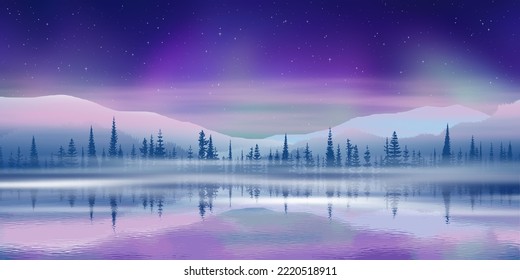 Aurora borealis spiegelt sich in Wasser, Winterurlaubsgrafik, nördliche Natur