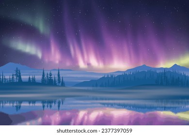 Aurora borealis reflected in water, winter holiday illustration, northern nature