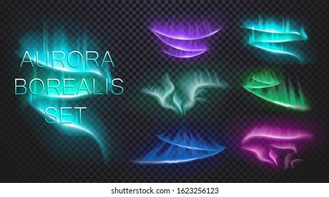 Aurora Borealis Set objects isolated on transparent background. Shiny colorful types of North aurora light. Christmas New Year Style. Can be used on flyers banners or web. Vector illustration. EPS 10.