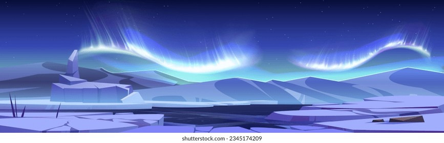 Aurora borealis shimmering above ice landscape. Vector cartoon illustration of colorful abstract northern lights in night sky with many stars, rocky mountains, frozen water surface, nordic nature