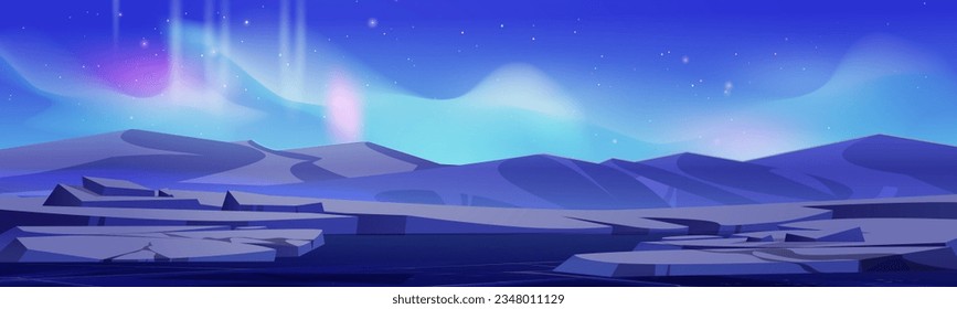 Aurora borealis shimmering above ice landscape. Vector cartoon illustration of colorful abstract northern lights in night sky with many stars, rocky mountains, frozen water surface, nordic nature