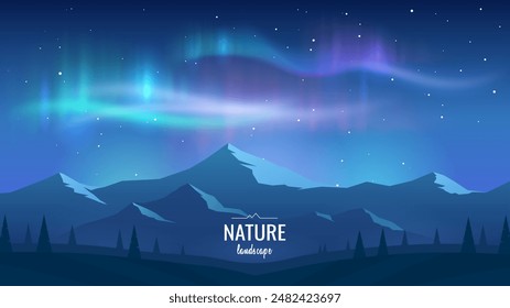 Aurora borealis in the sky. A bright glow over the mountains. Nocturne. Realistic Northern Lights landscape. Vector illustration.