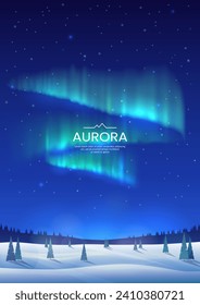 The aurora borealis in the sky at night. Bright aurora borealis. Winter landscape in the northern regions. Snowy valley. Spruce trees in snowdrifts. Vector image. Design background, poster, postcard.