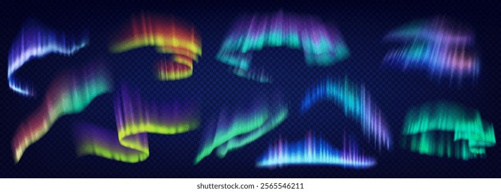 Aurora borealis slowing lights realistic color icons set. Shiny natural phenomenon of night sky 3d objects bundle on transparent background