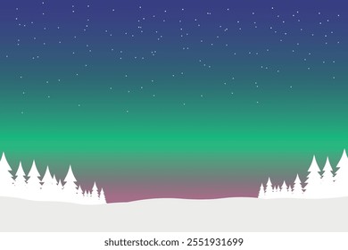 Aurora Borealis snow covered landscape illustration. Northern lights snow scene illustration. Winter season with pine forest background vector design.