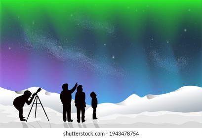 Aurora Borealis stargazing looking at dark night sky stars. A group of people family and friends with man woman and children with telescope in silhouette. Milky way astronomy concept vector grouped 