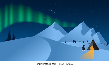 Aurora borealis in the starry sky above the mountains