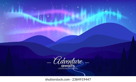 Aurora borealis in starry sky with mountains. Hills with road and forest. Vector illustration. Flat style. Design for invitation, postcard, wallpaper, background, travel card.