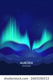 Aurora borealis in the starry sky at night. Bright glow in the arctic regions. Mountain landscape background. Vector illustration.
