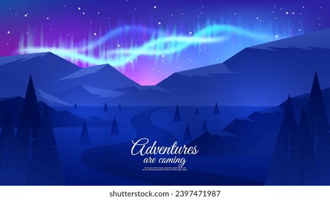 Aurora borealis, starry sky, polar lights landscape. Mountains landscape. Adventure concept. Flat style vector illustration.