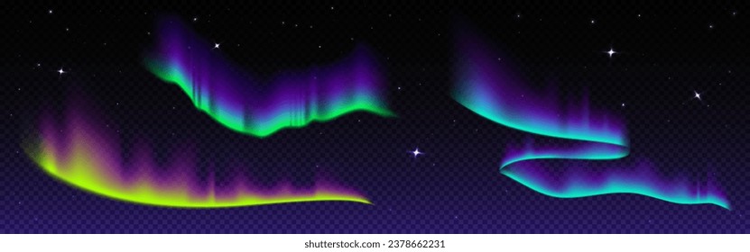 Aurora borealis und Sterne am Nachthimmel. Vektorrealistische Illustration der Polarlichteffekte mit Farbverlauf-Farben Grün, Gelb und Blau, Dunkelfärbung des Sternlichts, Naturphänomen Nordpol