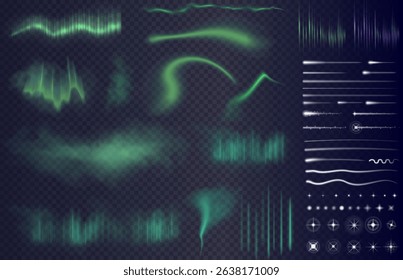 Aurora borealis and stars set on the dark transparent background. Vector night sky effects collection. 