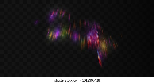 Aurora borealis transparent light effect isolated on black background. Vector illustration of iridescent shiny rays. Natural polar luminescence. Nothern lights. Visual element for design