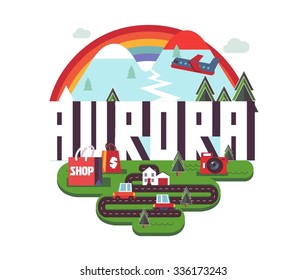 Aurora city travel destination in USA. vector cartoon,