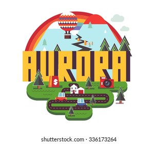 Aurora city travel destination in USA. vector cartoon,