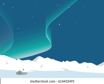 Aurora dancing above mountain and small house