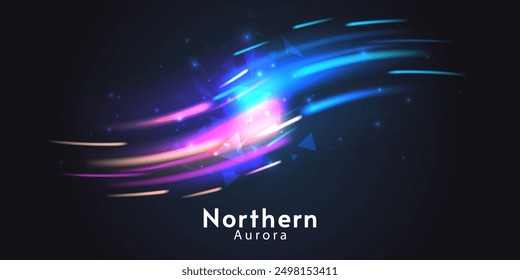 Aurora element design on dark background. Background aurora template. Bright light. Northern lights. Vector illustration. Design for background, wallpaper, postcard, web, banner, cover. 