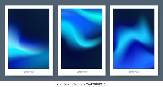 Aurora gradient background set with flowing blue cyan lights - northern lights effect blending turquoise into deep navy, smooth transitions, white frames with color waves for modern poster designs.