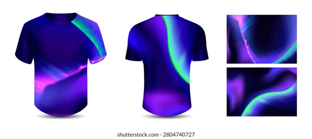 Aurora gradient sport jersey design with abstract borealis lights pattern, blurred texture and neon colors. Front, back view t-shirt vector template for soccer uniform with wavy graphic effect