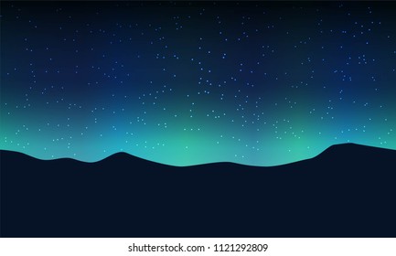 Aurora light and star on sky in mountain. Vector drawing