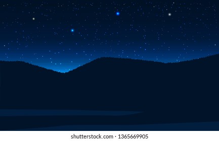 Aurora light and star on sky in mountain. Vector drawing