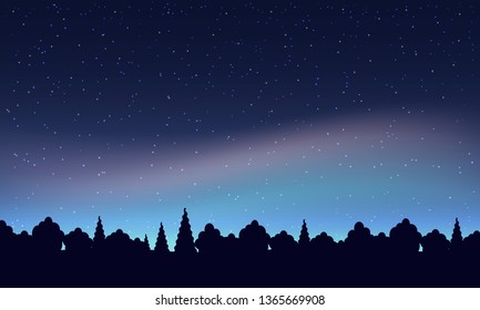 Aurora light and star on sky in mountain. Vector drawing