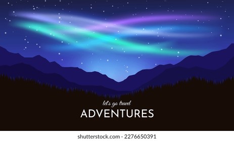 Aurora over the mountains. Night starry landscape in arctic regions. Mountains in the foreground. Vector illustration. Banner, wallpaper, postcard design.