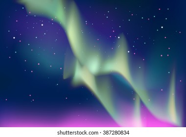 Aurora polaris. Northern lights on the  the starry night sky background. Vector illustration.
