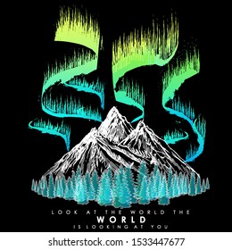 aurora polaris vector mountains forest snow peaks sketch print on clothes night beautiful wildlife poster art style fashion design 