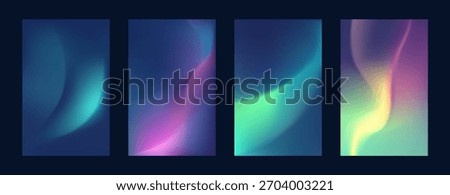 Aurora poster vertical set. Modern northern lights landscape with starry night sky and vibrant blue, purple, green gradients. Minimalist vector cover, social media, flyer, banner, ad design