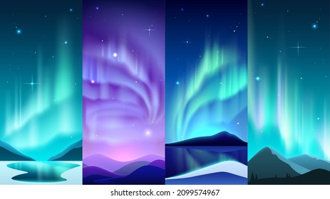 Aurora posters. Realistic Northern night sky glowing light with winter snowy landscapes. Mountains scenery. Arctic and Antarctic polar heaven illumination. Vector nighttime panoramas set