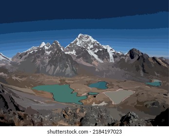 ausangate mountain view of the route of the 7 lagoons, vector illustration, ausangate 6,384 m, Vilcanota mountain range in the department of cuzco, peru, andes mountain range