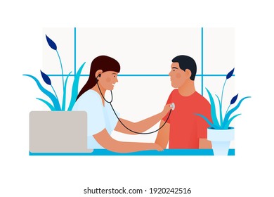 Auscultation. Male Patient and Female Doctor Carrying Out Procedure in Medical Office or Laboratory. Stethoscope Examination Procedure. Modern Flat Vector Concept Illustration. 