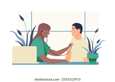 Auscultation. Male Patient and Female Doctor Carrying Out Procedure in Medical Office or Laboratory. Stethoscope Examination Procedure. Modern Flat Vector Concept Illustration.