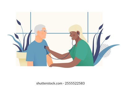 Auscultation. Senior Male Patient and Female Doctor Carrying Out Procedure in Medical Office or Laboratory. Stethoscope Examination Procedure. Modern Flat Vector Concept Illustration.