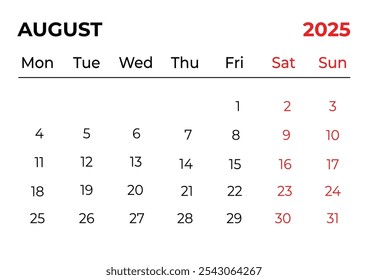 agosto 2025 Diseño mensual del calendario de oficina con un aspecto limpio y la semana comienza a partir del domingo