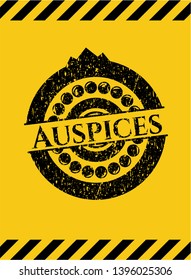 Auspices black grunge emblem, yellow warning sign. Vector Illustration. Detailed.