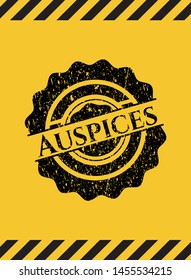 Auspices black grunge emblem, yellow warning sign. Vector Illustration. Detailed.