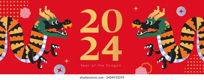 Auspicious CNY banner. Dragons on symmetric position on red background with oriental pattern.